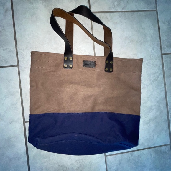 NWOT! COLE HAAN Leather And Canvas Tote Bag Brown Navy - Picture 7 of 7